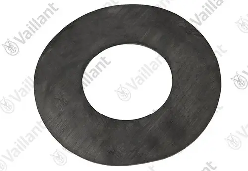 Schwarze Dichtung aus EPDM-Material, ringförmig mit zentralem Loch, für technische Anwendungen, präsentiert das Vaillant Logo.